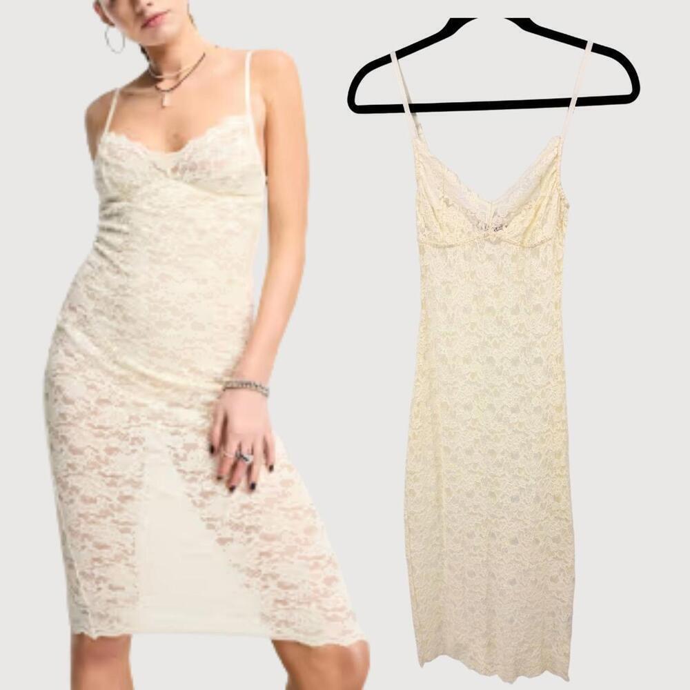 Edikted 90s Cream Lace Bodycon Midi Slip Dress S